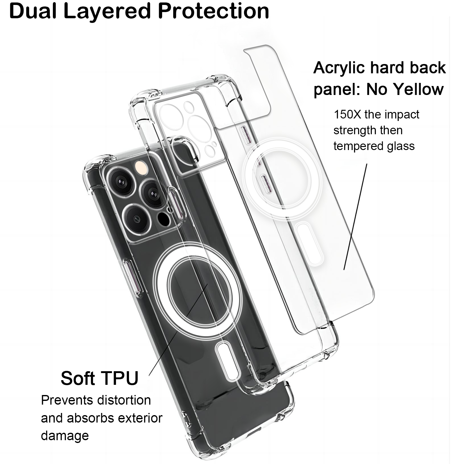 USTIYA Magnética Funda para iPhone 15 Pro Max Transparente Case Acrílico Uso Rudo