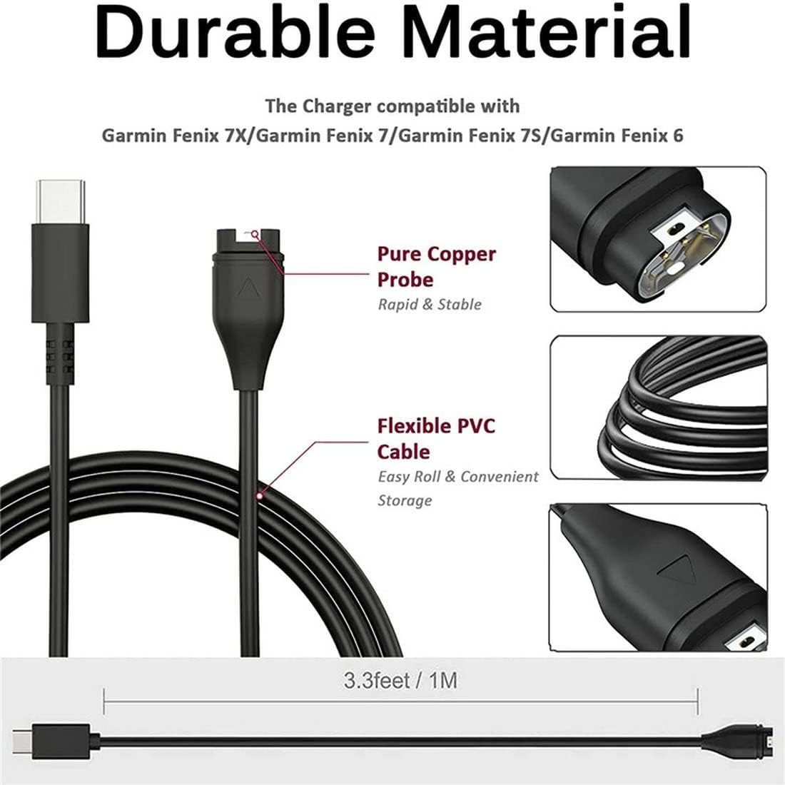 USTIYA USB-C Cargador para Garmin Fenix 8 E 7 7X 7s 6 6s 6X Pro Plus 5 5S 5X 5S Plus Forerunner 165/965/955/945/265/255/245,Vivoactive 3 4 4s,Venu 3/3S/2/sq2,Epix 2 Smart Watch Cable